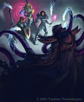 Asheron, Borelean, Hoshino, and Aerbrax in the artwork for an ad.